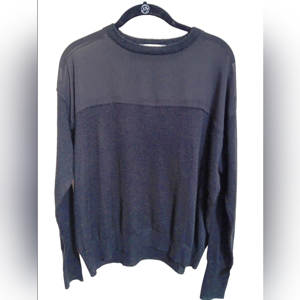 Zara Black Lightweight Mixed Media Crew Neck Sweater Classic Style with Mesh